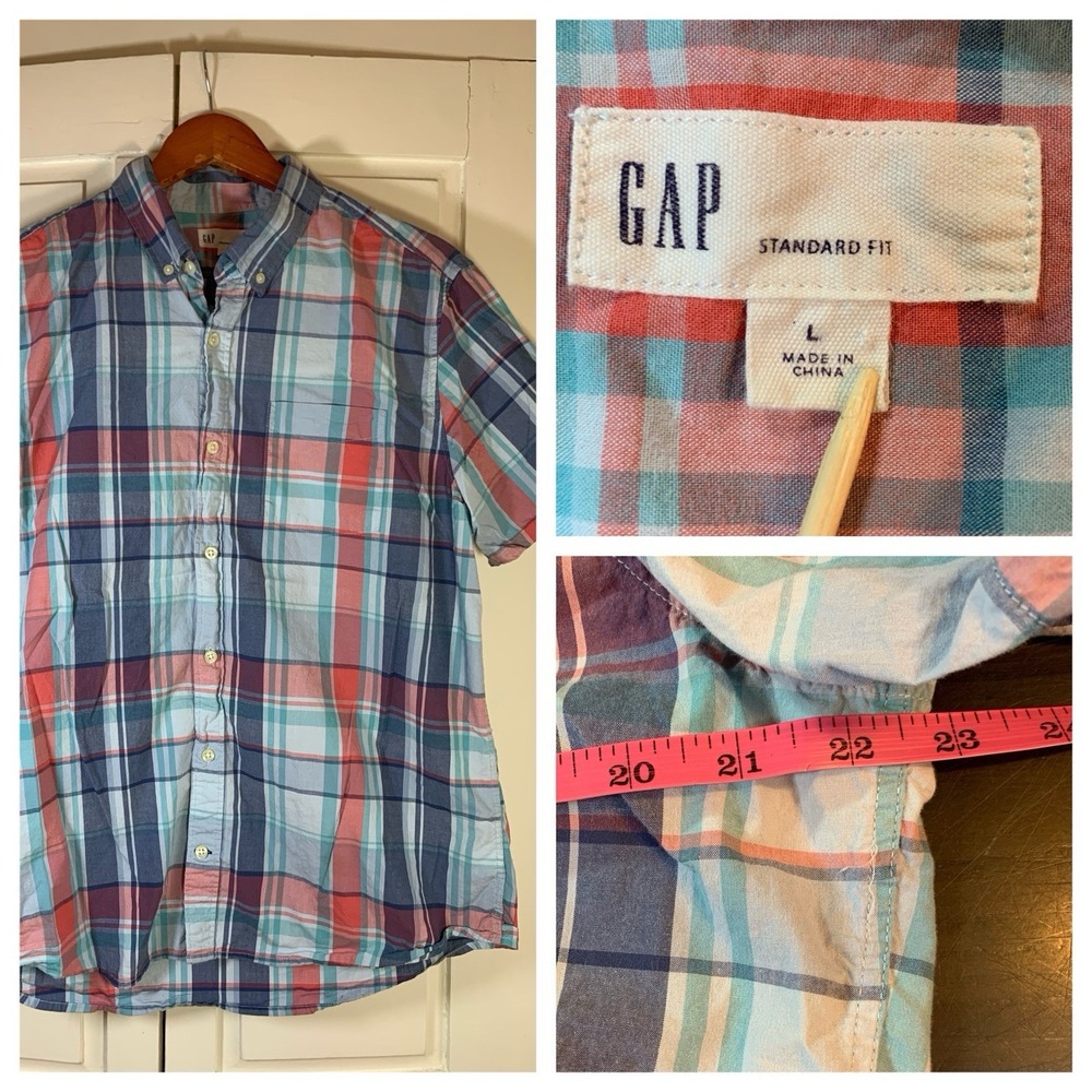 Gap Plaid Poplin Shirt‎ Mens Large Standard Fit Short Sleeve Button Soft Preppy